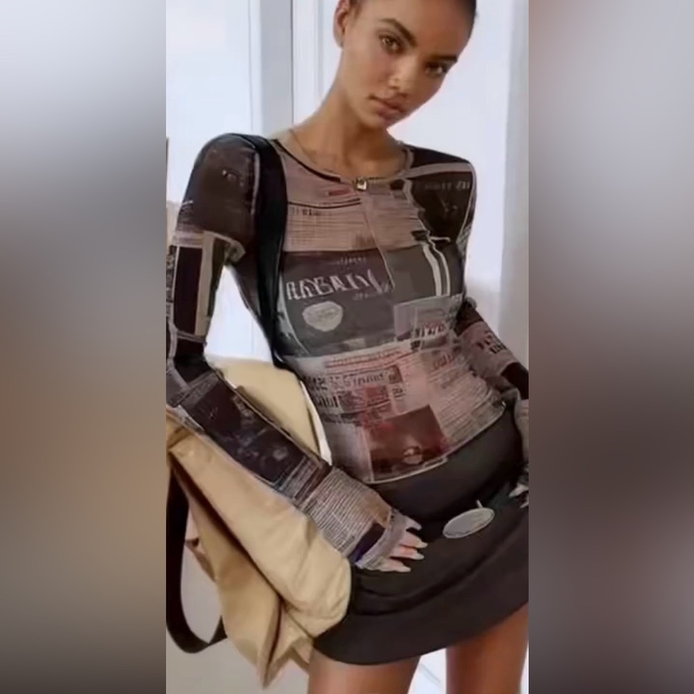 Stylish Newspaper Print sheer top size M